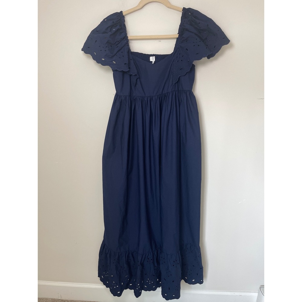 Crown & Ivy Navy Blue Eyelet Flutter Sleeve Smocked Midi Dress XL
